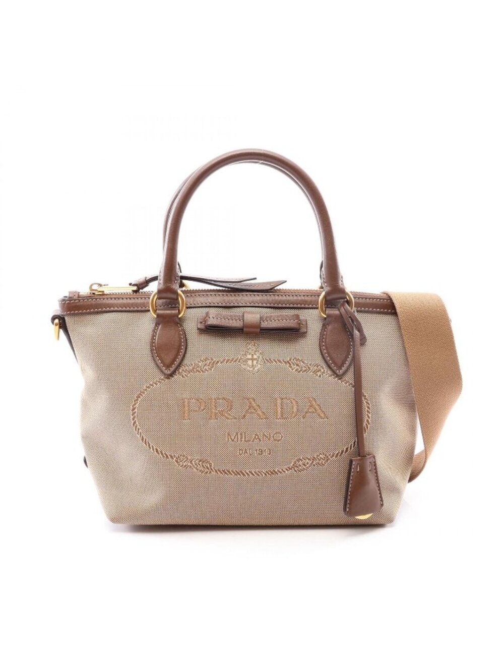 Prada Handbag Logo Jacquard Beige Brown Canvas Leather Ribbon Motif 2-Way
